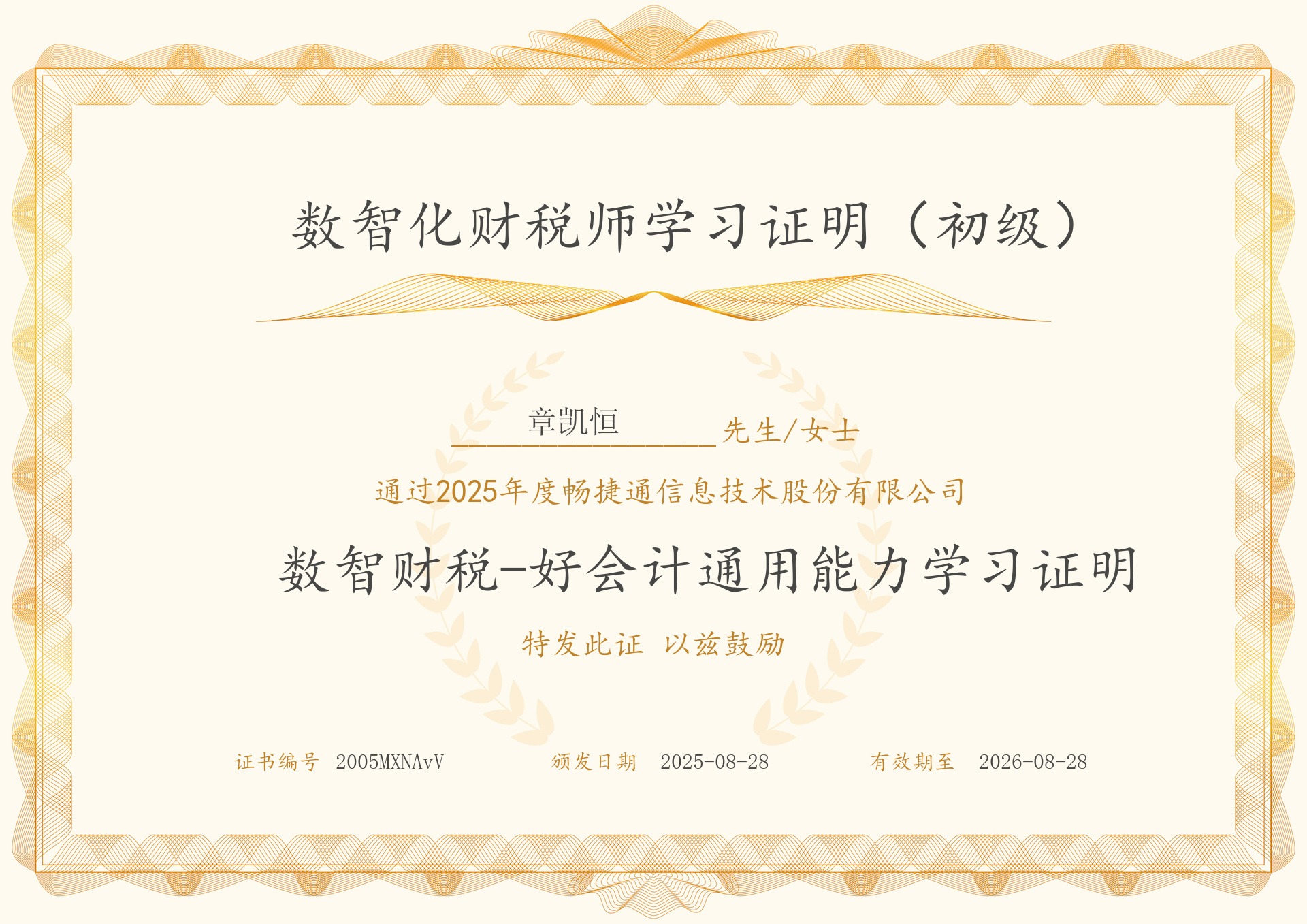 章凯恒 好会计（数智财税）产品专业能力认证